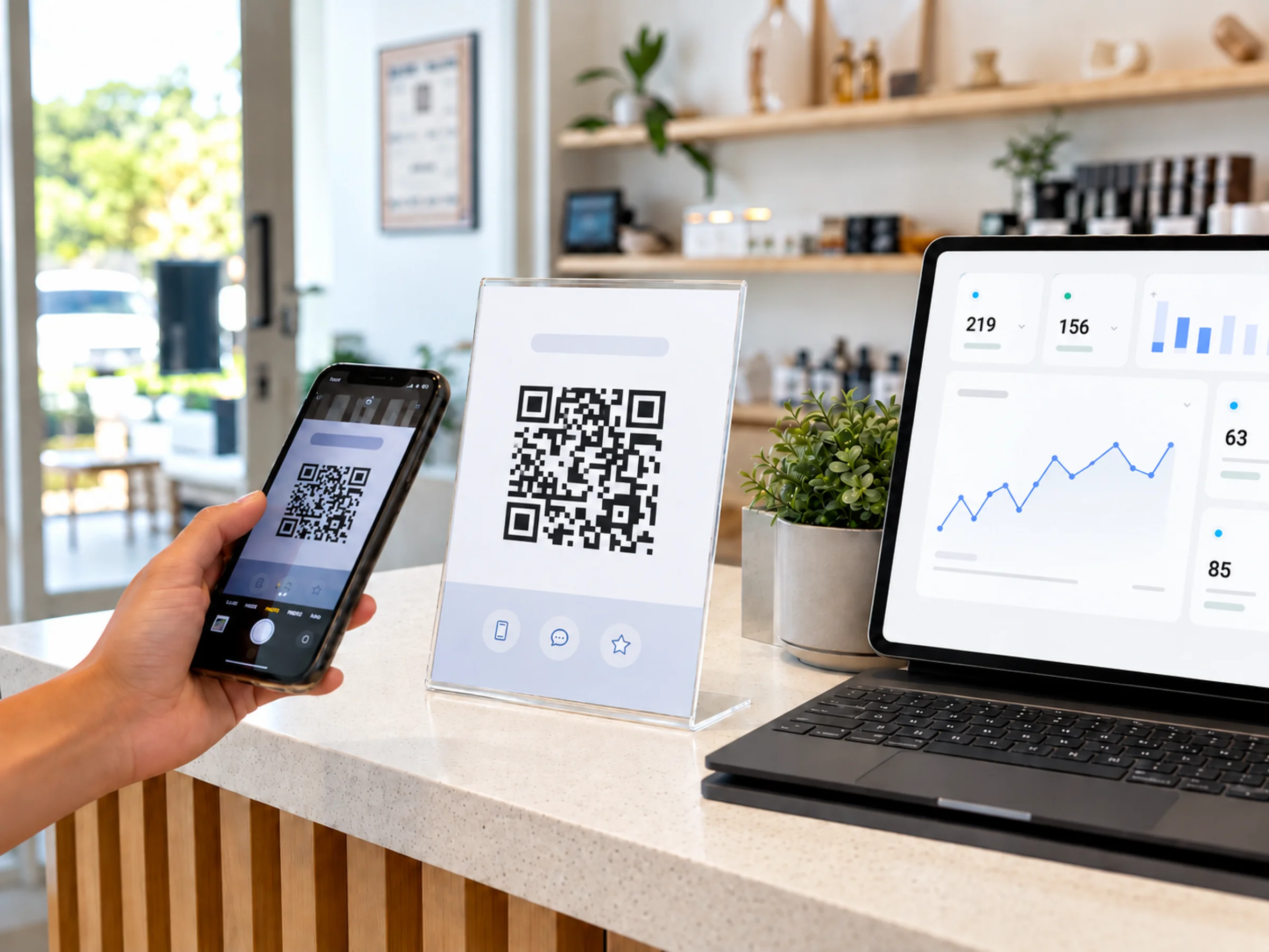 QR code on a counter with scan stats