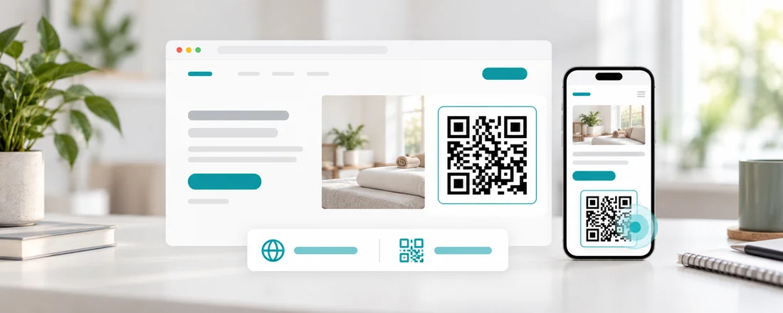 A QR code embedded on a business website with a tappable version on a phone