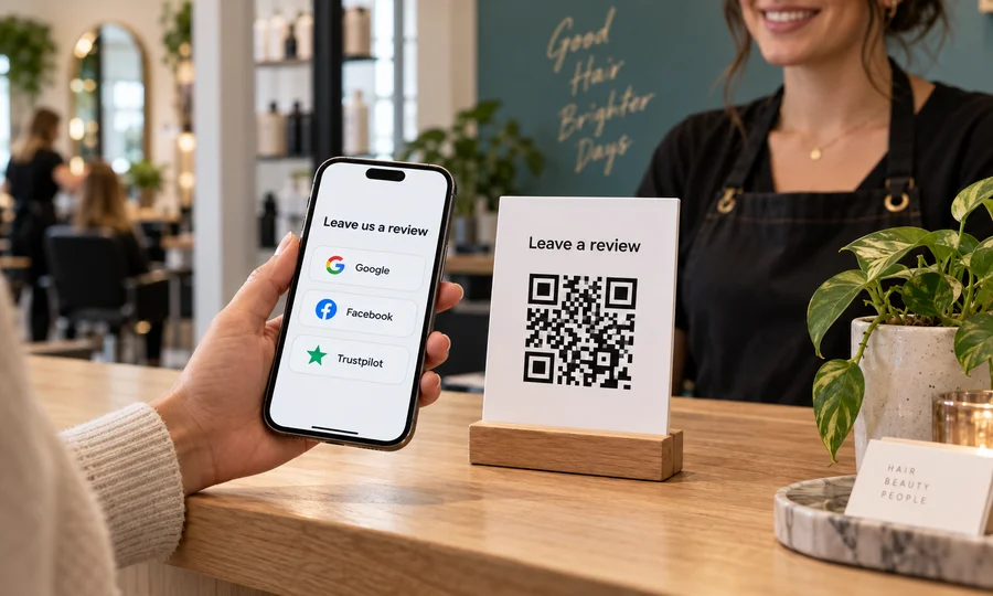 Scanlo QR code linking to Google, Facebook, Trustpilot, Yelp and BBB review pages